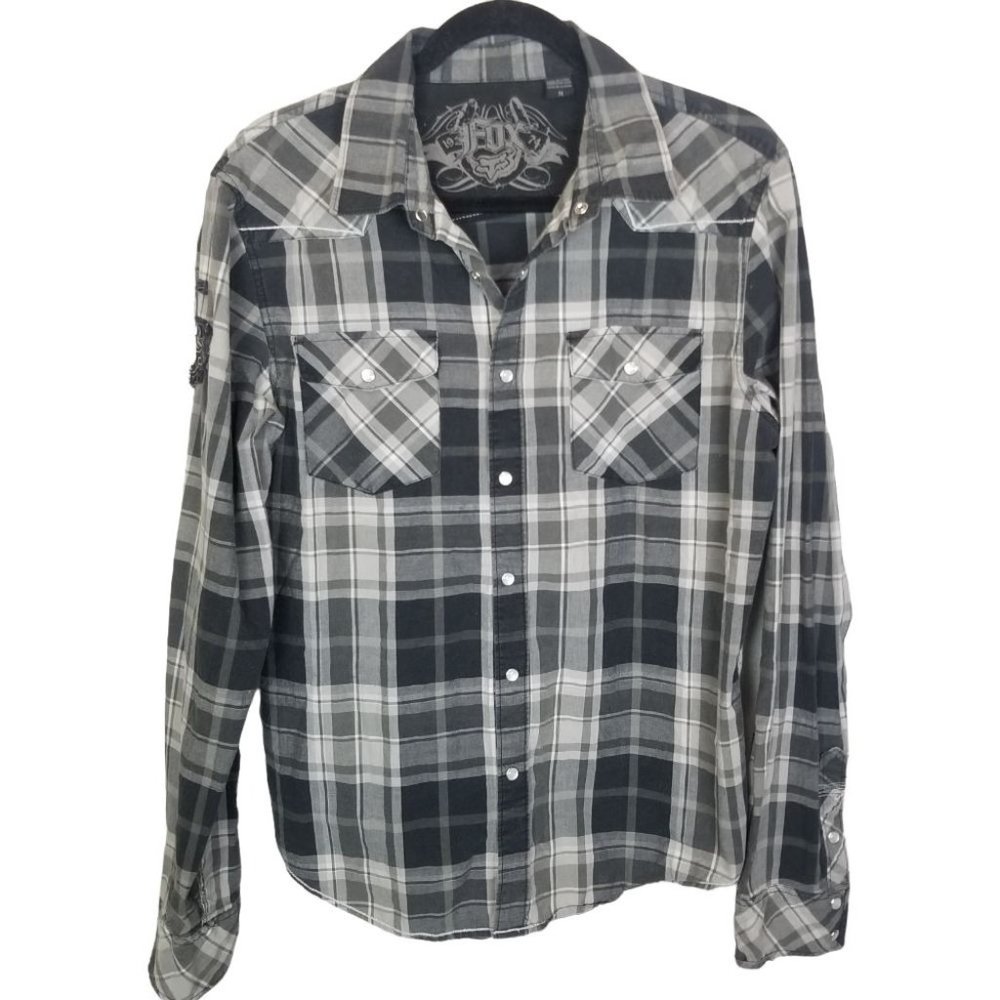 Fox Head Mens M Black Plaid Snap Front Long Sleeve